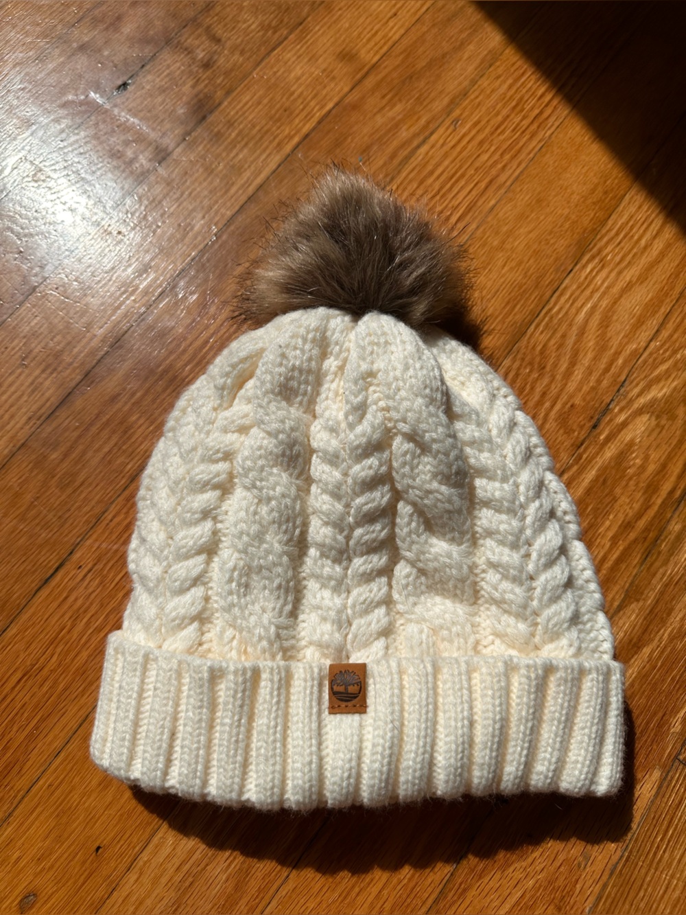 Timberland Cream Cable-Knit Pom Beanie with Faux Fur